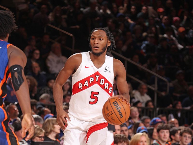 NEW YORK, NY - JANUARY 20: Immanuel Quickley #5 of the Toronto Raptors dribbles the ball during the game against the New York Knicks on January 20, 2024 at Madison Square Garden in New York City, New York.  NOTE TO USER: User expressly acknowledges and agrees that, by downloading and or using this photograph, User is consenting to the terms and conditions of the Getty Images License Agreement. Mandatory Copyright Notice: Copyright 2024 NBAE  (Photo by Nathaniel S. Butler/NBAE via Getty Images)