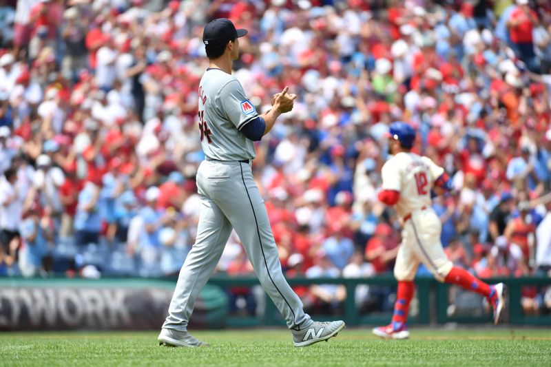 Jul 28, 2024; Philadelphia, Pennsylvania, USA; Cleveland Guardians starting pitcher Joey Cantillo (54) gets a new baseball after allowing a home run to Philadelphia Phillies designated hitter Kyle Schwarber (12) during the first inning at Citizens Bank Park. Mandatory Credit: Eric Hartline-USA TODAY Sports