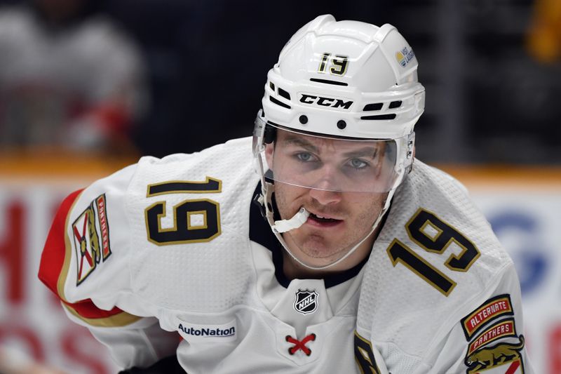 Jan 22, 2024; Nashville, Tennessee, USA; Florida Panthers left wing Matthew Tkachuk (19) waits for a face off during the second period against the Nashville Predators at Bridgestone Arena. Mandatory Credit: Christopher Hanewinckel-USA TODAY Sports