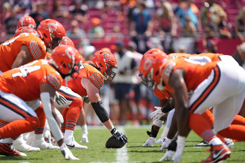 Chicago Bears's offense and defense face off before s snap before an NFL football game against the Tampa Bay Buccaneers, Sunday, Sept. 17, 2023, in Tampa, Fla. (AP Photo/Peter Joneleit)