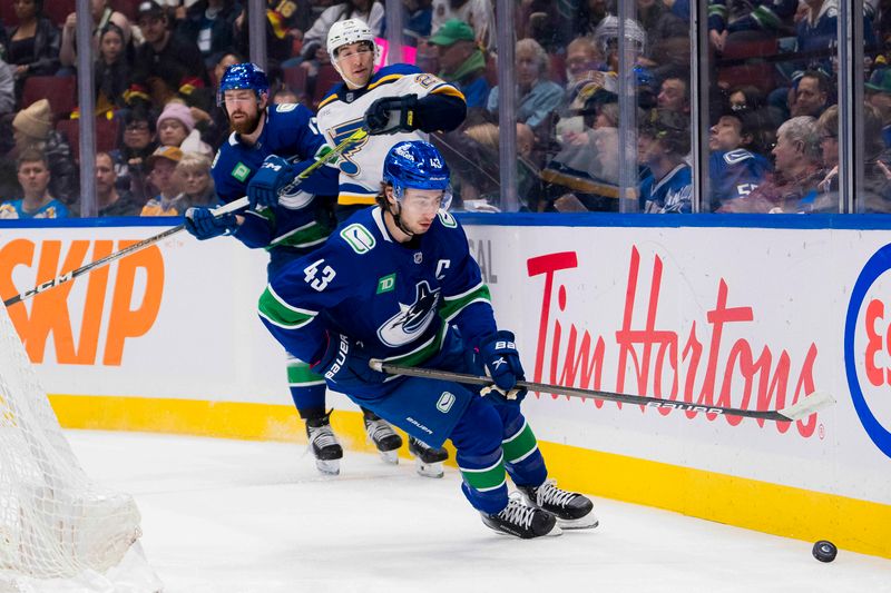 Jan 24, 2024; Vancouver, British Columbia, CAN; Vancouver Canucks defenseman Quinn Hughes (43) skates after the puck against the St. Louis Blues in the first period at Rogers Arena. Mandatory Credit: Bob Frid-USA TODAY Sports