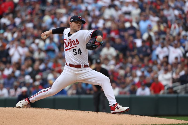 Oct 4, 2023; Minneapolis, Minnesota, USA; Minnesota Twins starting pitcher Sonny Gray (54) throws a pitch in the first inning against the Toronto Blue Jays during game two of the Wildcard series for the 2023 MLB playoffs at Target Field. Mandatory Credit: Jesse Johnson-USA TODAY Sports