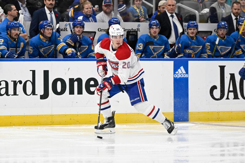 Nov 4, 2023; St. Louis, Missouri, USA; Montreal Canadiens left wing Juraj Slafkovsky (20) skates against the St. Louis Blues during the third period at Enterprise Center. Mandatory Credit: Jeff Le-USA TODAY Sports