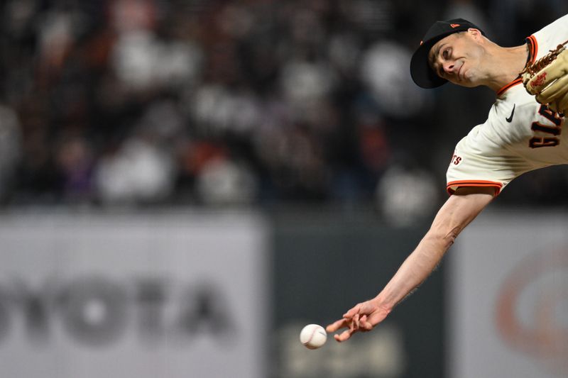 May 1, 2025; San Francisco, California, USA; San Francisco Giants pitcher Tyler Rogers (71) throws against the Colorado Rockies in the eighth inning at Oracle Park. Mandatory Credit: Eakin Howard-Imagn Images