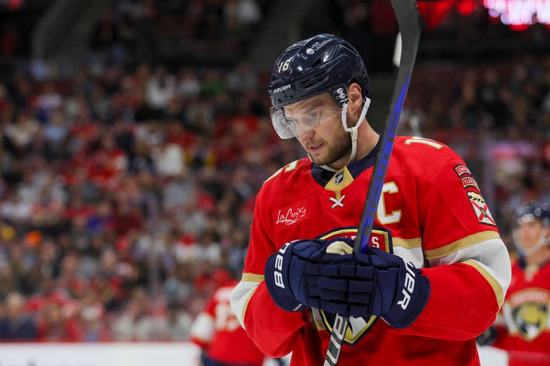 Nov 24, 2023; Sunrise, Florida, USA; Florida Panthers center Aleksander Barkov (16) looks on against the Winnipeg Jets during the first period at Amerant Bank Arena. Mandatory Credit: Sam Navarro-USA TODAY Sports