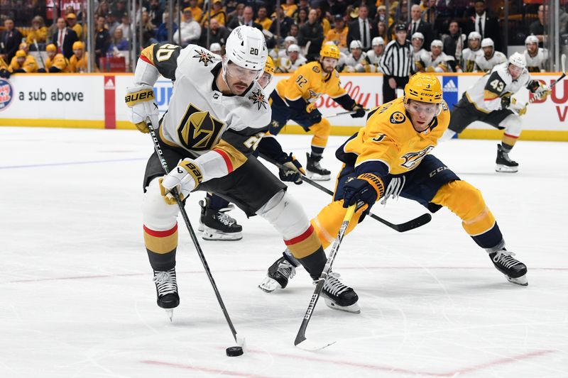 Mar 26, 2024; Nashville, Tennessee, USA; Vegas Golden Knights center Chandler Stephenson (20) handles the puck against Nashville Predators defenseman Jeremy Lauzon (3) during the second period at Bridgestone Arena. Mandatory Credit: Christopher Hanewinckel-USA TODAY Sports