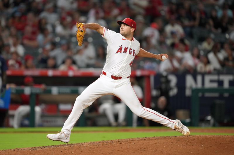 Aug 31, 2024; Anaheim, California, USA; Los Angeles Angels relief pitcher Brock Burke (46) throws in the fifth inning against the Seattle Mariners at Angel Stadium. Mandatory Credit: Kirby Lee-USA TODAY Sports