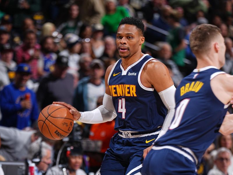 DENVER, CO - JANUARY 7:  Russell Westbrook #4 of the Denver Nuggets dribbles the ball during the game against the Boston Celtics on January 7, 2025 at Ball Arena in Denver, Colorado. NOTE TO USER: User expressly acknowledges and agrees that, by downloading and/or using this Photograph, user is consenting to the terms and conditions of the Getty Images License Agreement. Mandatory Copyright Notice: Copyright 2025 NBAE (Photo by Garrett Ellwood/NBAE via Getty Images)