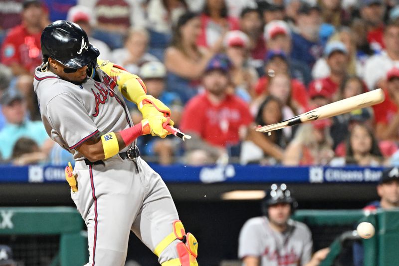 Aug 31, 2025; Philadelphia, Pennsylvania, USA; Atlanta Braves outfielder Ronald Acuña Jr. (13) shatters his bat during the seventh inning against the Philadelphia Phillies at Citizens Bank Park. Mandatory Credit: Eric Hartline-Imagn Images Aug 31, 2025; Philadelphia, Pennsylvania, USA; Atlanta Braves outfielder Ronald Acuña Jr. (13) shatters his bat during the seventh inning against the Philadelphia Phillies at Citizens Bank Park. Mandatory Credit: Eric Hartline-Imagn Images
