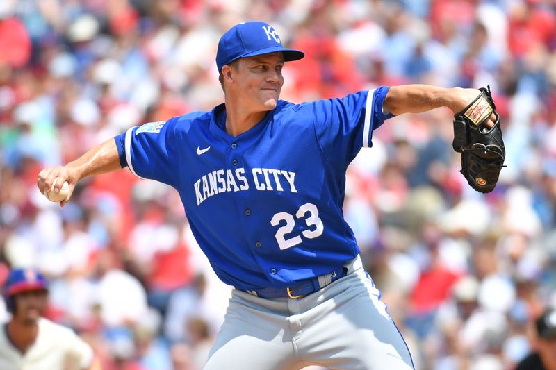 Aug 6, 2023; Philadelphia, Pennsylvania, USA; Kansas City Royals starting pitcher Zack Greinke (23) throws a pitch against the Philadelphia Phillies during the second inning at Citizens Bank Park. Mandatory Credit: Eric Hartline-USA TODAY Sports