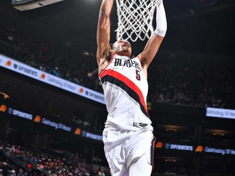 PHOENIX, AZ - NOVEMBER 2: Dalano Banton #5 of the Portland Trail Blazers dunks the ball during the game against the Phoenix Suns on November 2, 2024 at Footprint Center in Phoenix, Arizona. NOTE TO USER: User expressly acknowledges and agrees that, by downloading and or using this photograph, user is consenting to the terms and conditions of the Getty Images License Agreement. Mandatory Copyright Notice: Copyright 2024 NBAE (Photo by Barry Gossage/NBAE via Getty Images)