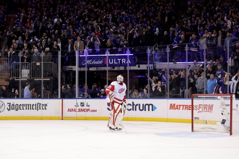 Nov 29, 2023; New York, New York, USA; Detroit Red Wings goaltender Ville Husso (35) reacts after giving up the game winning goal during the third period against the New York Rangers at Madison Square Garden. Mandatory Credit: Brad Penner-USA TODAY Sports