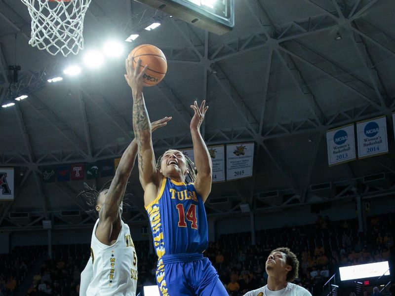 Jan 14, 2023; Wichita, Kansas, USA; Tulsa Golden Hurricane guard Anthony Pritchard (14) puts up a shot around Wichita State Shockers guard Jaron Pierre Jr. (5) during the first half at Charles Koch Arena. Mandatory Credit: William Purnell-USA TODAY Sports