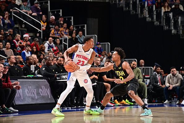 DETROIT, MI - DECEMBER 21: Jaden Ivey #23 of the Detroit Pistons handles the ball during the game against the Utah Jazz on December 21, 2023 at Little Caesars Arena in Detroit, Michigan. NOTE TO USER: User expressly acknowledges and agrees that, by downloading and/or using this photograph, User is consenting to the terms and conditions of the Getty Images License Agreement. Mandatory Copyright Notice: Copyright 2023 NBAE (Photo by Chris Schwegler/NBAE via Getty Images)