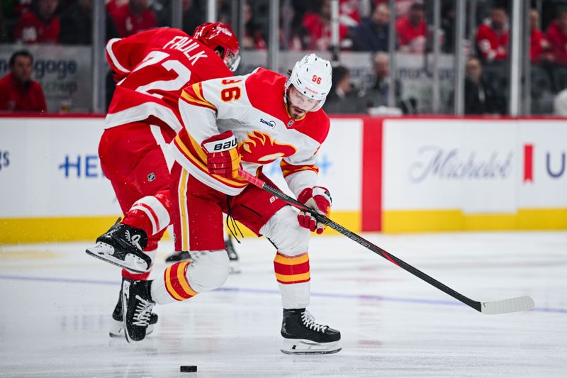 Mar 16, 2026; Detroit, Michigan, USA; Calgary Flames left wing Joel Farabee (86) collides with Detroit Red Wings defenseman Justin Faulk (72) during the first period at Little Caesars Arena. Mandatory Credit: Tim Fuller-Imagn Images