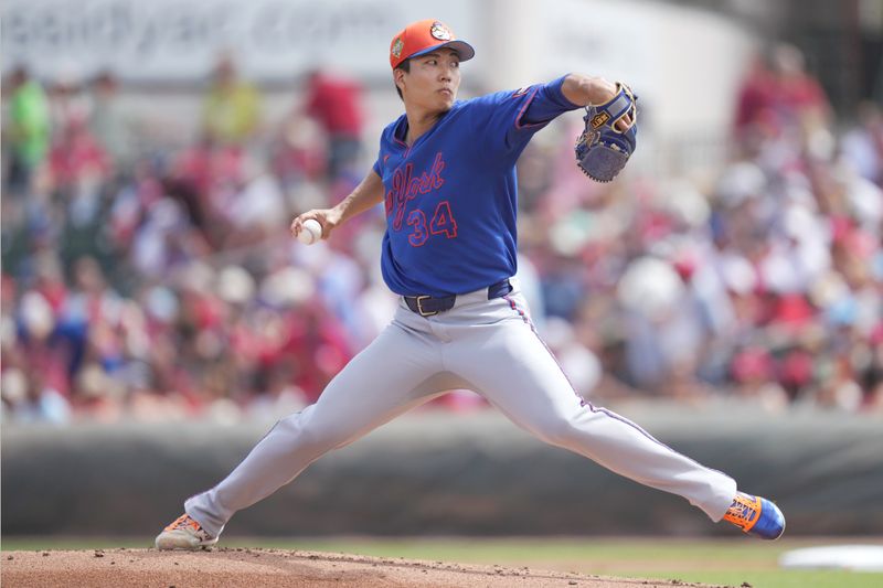 Mar 7, 2026; Jupiter, Florida, USA;  New York Mets pitcher Kodai Senga (34) pitches in the first inning against the St. Louis Cardinals at Roger Dean Chevrolet Stadium. Mandatory Credit: Jim Rassol-Imagn Images