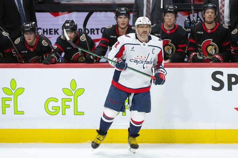 Jan 1, 2026; Ottawa, Ontario, CAN; Washington Capitals left wing Alex Ovechkin (8) follows the puck in the third period against the  Ottawa Senators at the Canadian Tire Centre. Mandatory Credit: Marc DesRosiers-IMAGN Images