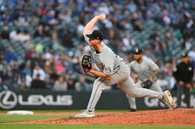 Jun 12, 2024; Seattle, Washington, USA; Chicago White Sox relief pitcher Jordan Leasure (49) pitches to the Seattle Mariners during the eighth inning at T-Mobile Park. Mandatory Credit: Steven Bisig-USA TODAY Sports