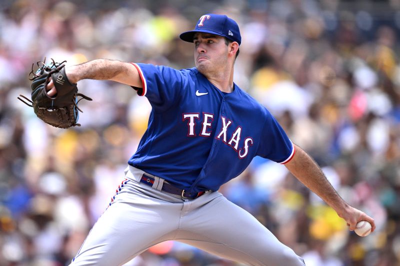 Jul 30, 2023; San Diego, California, USA; Texas Rangers starting pitcher Cody Bradford (61) throws a pitch against the San Diego Padres during the first inning at Petco Park. Mandatory Credit: Orlando Ramirez-USA TODAY Sports