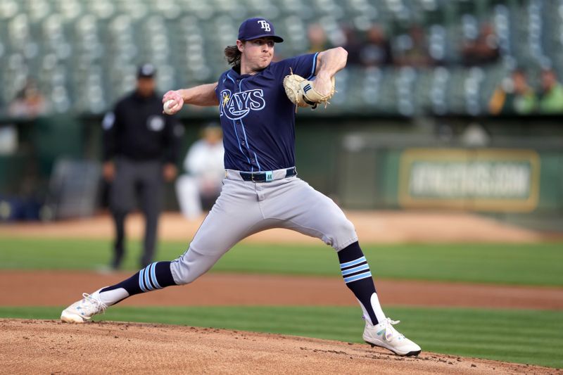 Aug 21, 2024; Oakland, California, USA; Tampa Bay Rays starting pitcher Ryan Pepiot (44) throws a pitch against the Oakland Athletics during the first inning at Oakland-Alameda County Coliseum. Mandatory Credit: Darren Yamashita-USA TODAY Sports