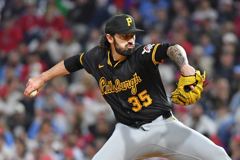 Apr 11, 2024; Philadelphia, Pennsylvania, USA; Pittsburgh Pirates relief pitcher Colin Holderman (35) throws a pitch against the Philadelphia Phillies during the seventh inning at Citizens Bank Park. Mandatory Credit: Eric Hartline-USA TODAY Sports