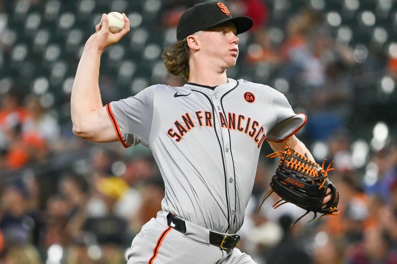 Sep 18, 2024; Baltimore, Maryland, USA;  San Francisco Giants pitcher Hayden Birdsong (60) delivers a second inning pitch against the Baltimore Orioles at Oriole Park at Camden Yards. Mandatory Credit: Tommy Gilligan-Imagn Images