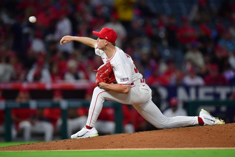 Sep 13, 2024; Anaheim, California, USA; Los Angeles Angels pitcher Ryan Miller (53) throws against the Houston Astros during the third inning at Angel Stadium. Mandatory Credit: Gary A. Vasquez-Imagn Images