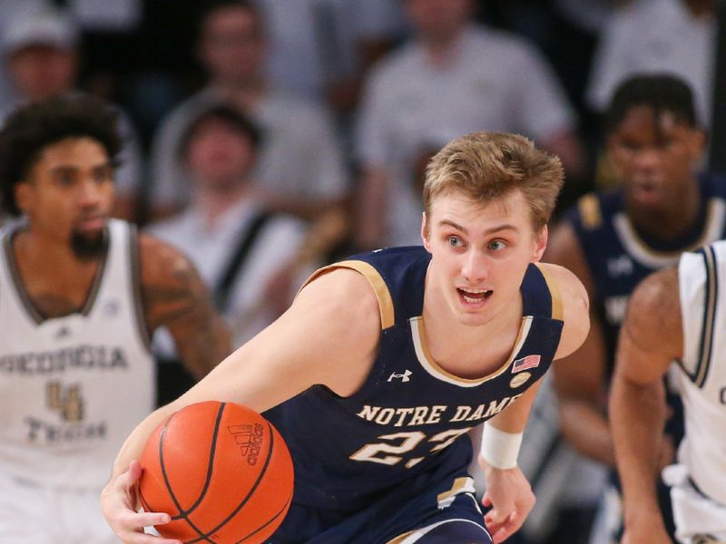 Feb 8, 2023; Atlanta, Georgia, USA; Notre Dame Fighting Irish guard Dane Goodwin (23) dribbles against the Georgia Tech Yellow Jackets in the first half at McCamish Pavilion. Mandatory Credit: Brett Davis-USA TODAY Sports