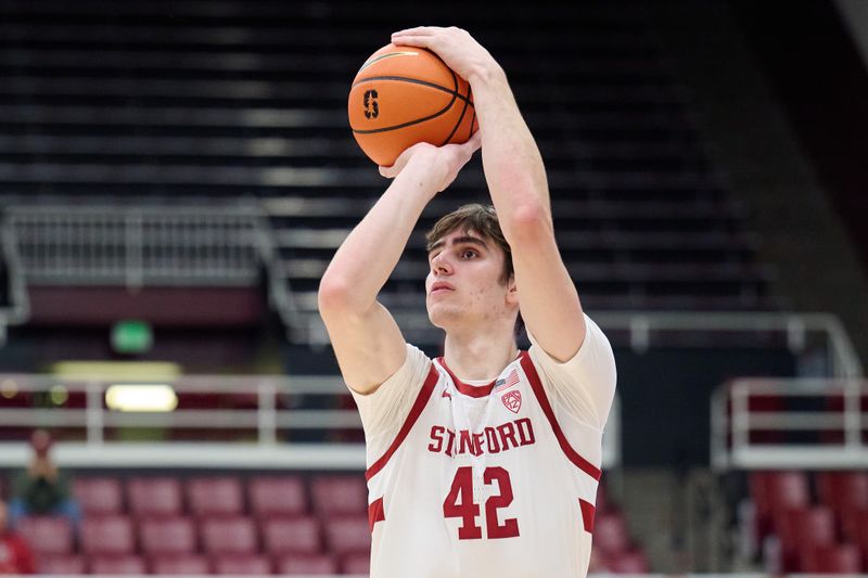 Jan 18, 2024; Stanford, California, USA; Stanford Cardinal forward Maxime Raynaud (42) shoots the ball against the Washington State Cougars during the second half at Maples Pavilion. Mandatory Credit: Robert Edwards-USA TODAY Sports