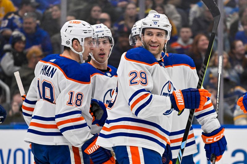 Feb 15, 2024; St. Louis, Missouri, USA;  Edmonton Oilers center Leon Draisaitl (29) reacts after scoring against the St. Louis Blues during the first period at Enterprise Center. Mandatory Credit: Jeff Curry-USA TODAY Sports