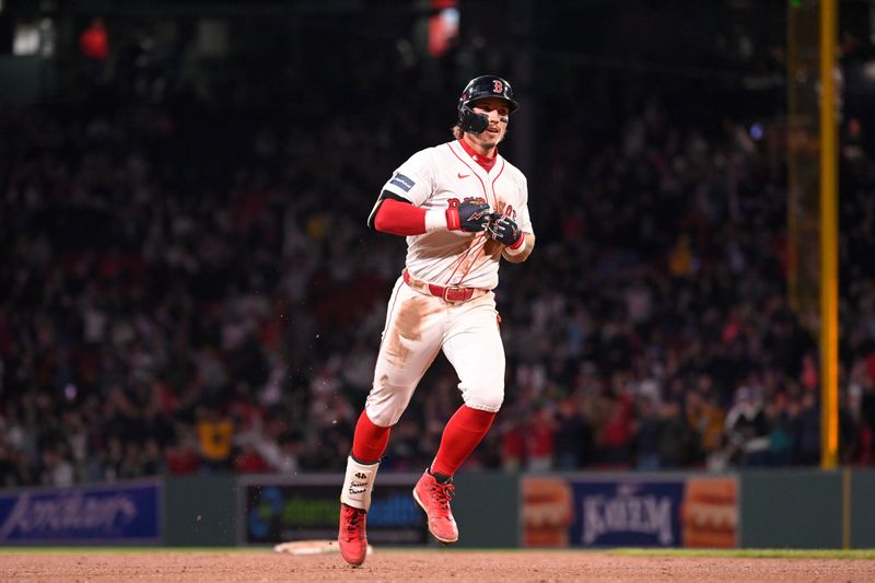 May 16, 2024; Boston, Massachusetts, USA;  Boston Red Sox center fielder Jarren Duran (16) celebrates a home run against the Tampa Bay Rays  during the sixth inning at Fenway Park. Mandatory Credit: Eric Canha-USA TODAY Sports