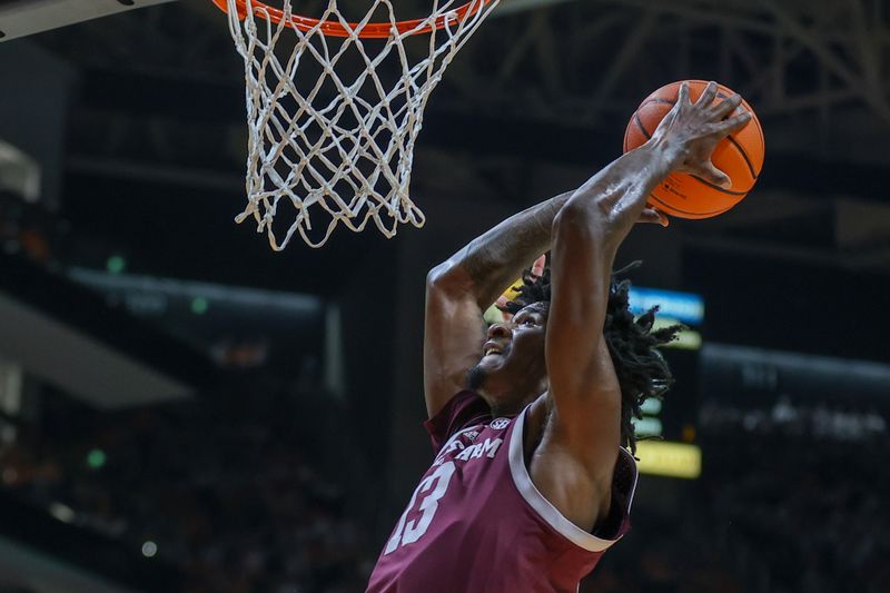 Feb 24, 2024; Knoxville, Tennessee, USA; Texas A&M Aggies forward Solomon Washington (13) dunks the ball against the Tennessee Volunteers during the first half at Thompson-Boling Arena at Food City Center. Mandatory Credit: Randy Sartin-USA TODAY Sports