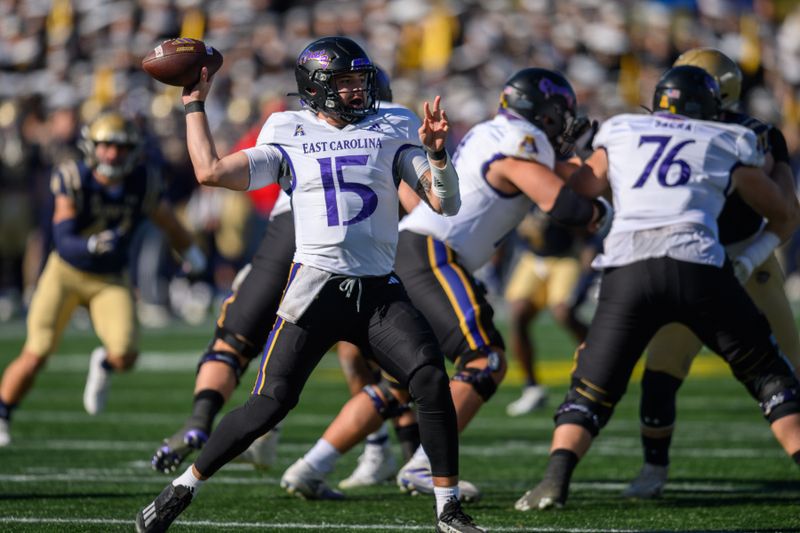 Nov 18, 2023; Annapolis, Maryland, USA; East Carolina Pirates quarterback Alex Flinn (15) throws the ball against the Navy Midshipmen during the first quarter at Navy-Marine Corps Memorial Stadium. Mandatory Credit: Reggie Hildred-USA TODAY Sports