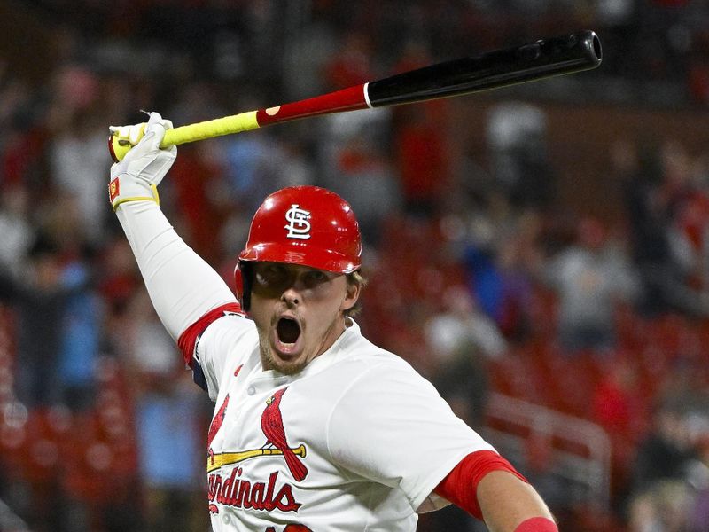 Apr 22, 2024; St. Louis, Missouri, USA;  St. Louis Cardinals second baseman Nolan Gorman (16) reacts after hitting a walk-off two run home run against the Arizona Diamondbacks during the ninth inning at Busch Stadium. Mandatory Credit: Jeff Curry-USA TODAY Sports