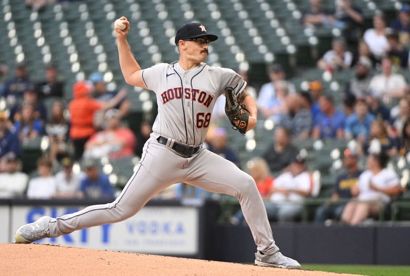 May 23, 2023; Milwaukee, Wisconsin, USA; Houston Astros starting pitcher J.P. France (68) delivers a pitch against the Milwaukee Brewers in the first inning at American Family Field. Mandatory Credit: Michael McLoone-USA TODAY Sports