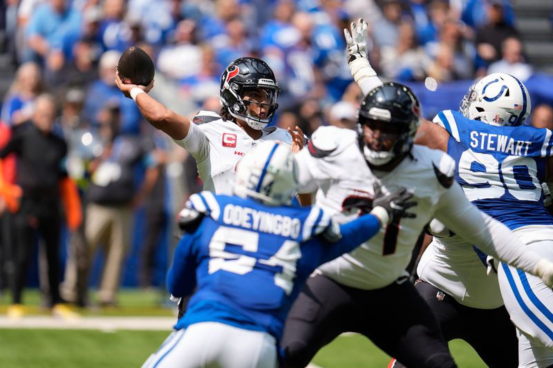 Houston Texans quarterback C.J. Stroud (7) during the first half of an NFL football game against the Indianapolis Colts, Sunday, Sept. 8, 2024, in Indianapolis. (AP Photo/Michael Conroy)