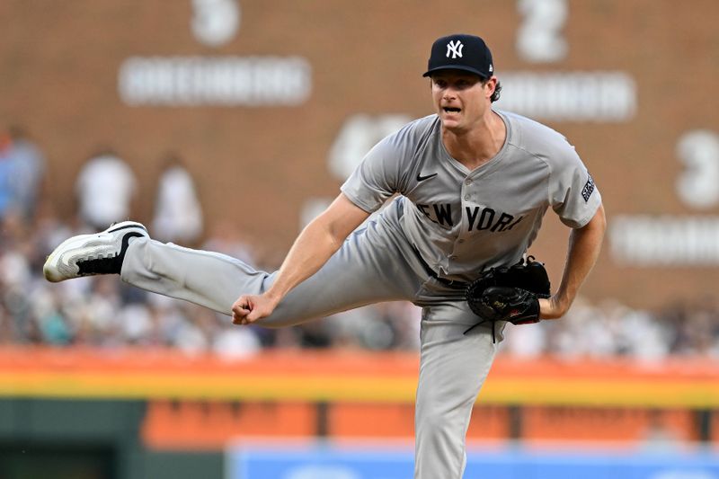 Aug 16, 2024; Detroit, Michigan, USA;  New York Yankees starting pitcher Gerrit Cole (45) throws a pitch against the Detroit Tigers in the fifth inning at Comerica Park. Mandatory Credit: Lon Horwedel-USA TODAY Sports