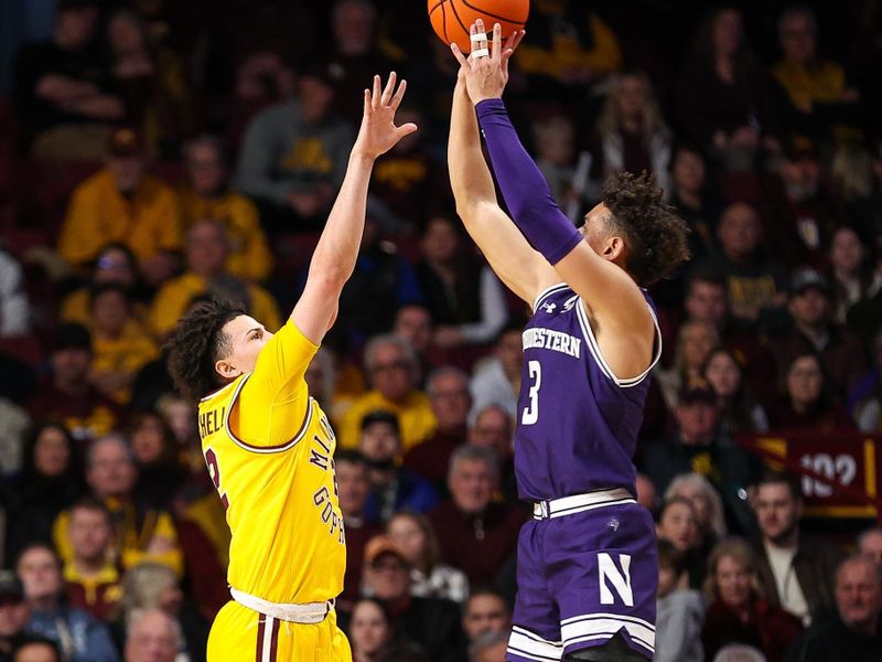 Feb 3, 2024; Minneapolis, Minnesota, USA; Northwestern Wildcats guard Ty Berry (3) shoots as Minnesota Golden Gophers guard Mike Mitchell Jr. (2) defends during the first half at Williams Arena. Mandatory Credit: Matt Krohn-USA TODAY Sports