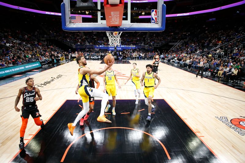 DETROIT, MI - MARCH 20: Tyrese Haliburton #0 of the Indiana Pacers drives to the basket during the game against the Detroit Pistons on March 20, 2024 at Little Caesars Arena in Detroit, Michigan. NOTE TO USER: User expressly acknowledges and agrees that, by downloading and/or using this photograph, User is consenting to the terms and conditions of the Getty Images License Agreement. Mandatory Copyright Notice: Copyright 2024 NBAE (Photo by Brian Sevald/NBAE via Getty Images)