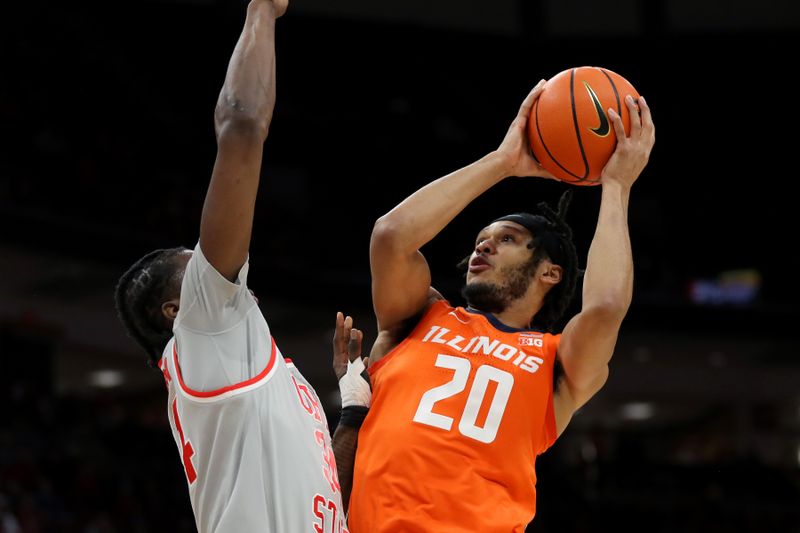 Jan 30, 2024; Columbus, Ohio, USA; Illinois Fighting Illini forward Ty Rodgers (20) goes to the basket for the score as Ohio State Buckeyes center Felix Okpara (34) defends during the first half at Value City Arena. Mandatory Credit: Joseph Maiorana-USA TODAY Sports