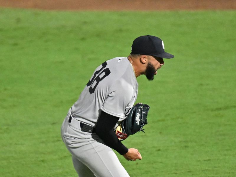 Aug 20, 2025; St. Petersburg, Florida, USA; New York Yankees relief pitcher Devin Williams (38) reacts after getting the last out against the Tampa Bay Rays  at George M. Steinbrenner Field. Mandatory Credit: Jonathan Dyer-Imagn Images
