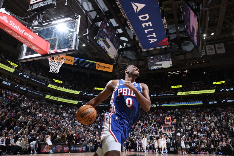 SALT LAKE CITY, UT - FEBRUARY 1: Tyrese Maxey #0 of the Philadelphia 76ers celebrates after the game against the Utah Jazz on February 1, 2024 at Delta Center in Salt Lake City, Utah. NOTE TO USER: User expressly acknowledges and agrees that, by downloading and or using this Photograph, User is consenting to the terms and conditions of the Getty Images License Agreement. Mandatory Copyright Notice: Copyright 2024 NBAE (Photo by Melissa Majchrzak/NBAE via Getty Images)