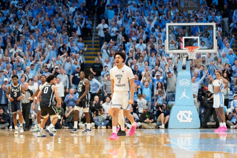 Feb 3, 2024; Chapel Hill, North Carolina, USA; North Carolina Tar Heels guard Seth Trimble (7) reacts at the end of the game at Dean E. Smith Center. Mandatory Credit: Bob Donnan-USA TODAY Sports