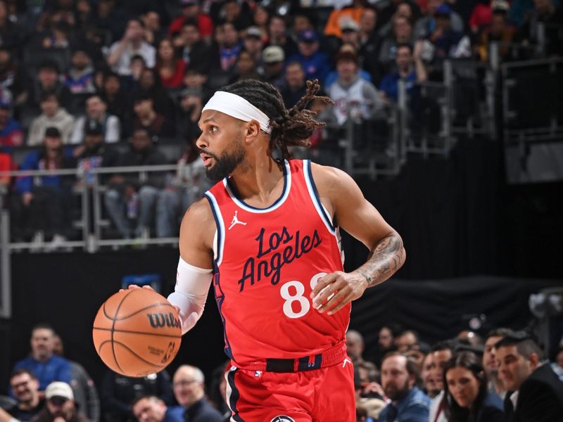 DETROIT, MI - FEBRUARY 24: Patty Mills #88 of the LA Clippers handles the ball during the game against the Detroit Pistons on February 24, 2025 at Little Caesars Arena in Detroit, Michigan. NOTE TO USER: User expressly acknowledges and agrees that, by downloading and/or using this photograph, User is consenting to the terms and conditions of the Getty Images License Agreement. Mandatory Copyright Notice: Copyright 2025 NBAE (Photo by Chris Schwegler/NBAE via Getty Images)