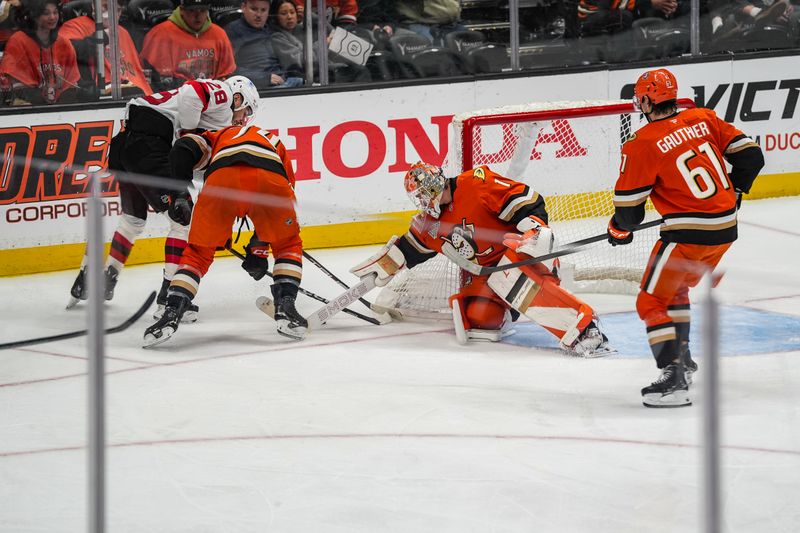 Nov 2, 2025; Anaheim, California, USA;  Anaheim Ducks  goaltender Lukas Dostal (1) defends a goal during the third period at Honda Center. Mandatory Credit: Corinne Votaw-Imagn Images