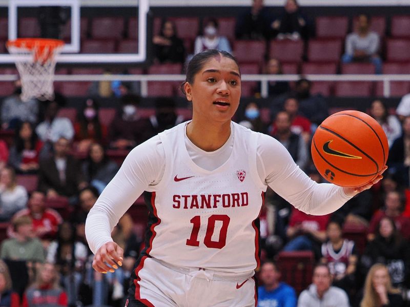 Jan 29, 2023; Stanford, California, USA; Stanford Cardinal guard Talana Lepolo (10) controls the ball against the Oregon Ducks during the fourth quarter at Maples Pavilion. Mandatory Credit: Kelley L Cox-USA TODAY Sports