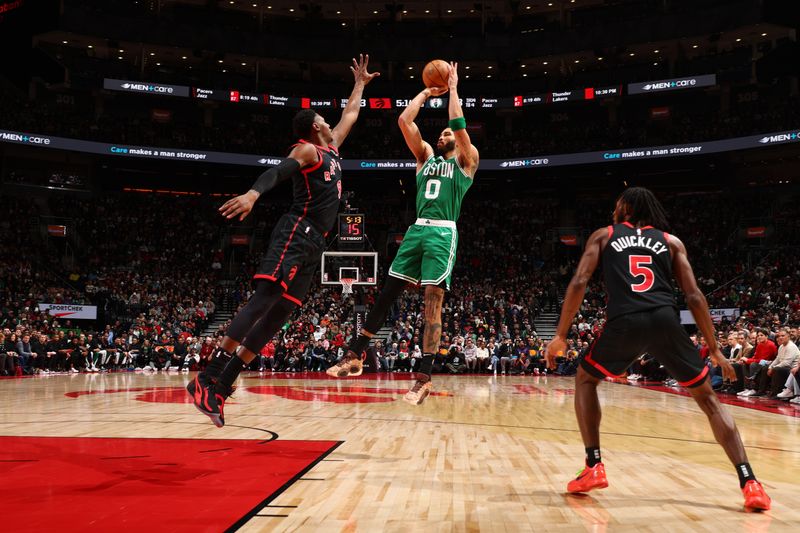 TORONTO, CANADA - JANUARY 15:  Jayson Tatum #0 of the Boston Celtics shoots the ball during the game against the Toronto Raptors on January 15, 2024 at the Scotiabank Arena in Toronto, Ontario, Canada.  NOTE TO USER: User expressly acknowledges and agrees that, by downloading and or using this Photograph, user is consenting to the terms and conditions of the Getty Images License Agreement.  Mandatory Copyright Notice: Copyright 2024 NBAE (Photo by Vaughn Ridley/NBAE via Getty Images)