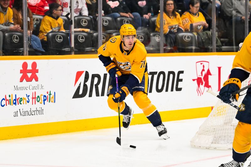 Mar 2, 2026; Nashville, Tennessee, USA;  Nashville Predators defenseman Brady Skjei (76) skates behind the net against the Detroit Red Wings during the first period at Bridgestone Arena. Mandatory Credit: Steve Roberts-Imagn Images