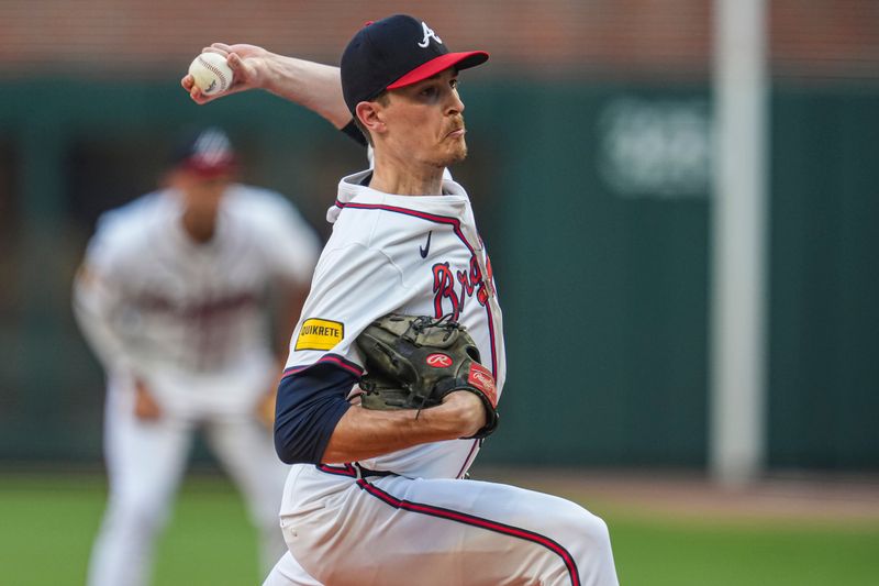 Jun 17, 2024; Cumberland, Georgia, USA; Atlanta Braves starting pitcher Max Fried (54) pitches against the Detroit Tigers during the first inning at Truist Park. Mandatory Credit: Dale Zanine-USA TODAY Sports