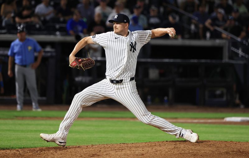 Mar 6, 2026; Tampa, Florida, USA;  New York Yankees pitcher Brent Headrick (47) throws a pitch during the fifth inning against the Tampa Bay Rays at George M. Steinbrenner Field. Mandatory Credit: Kim Klement Neitzel-Imagn Images